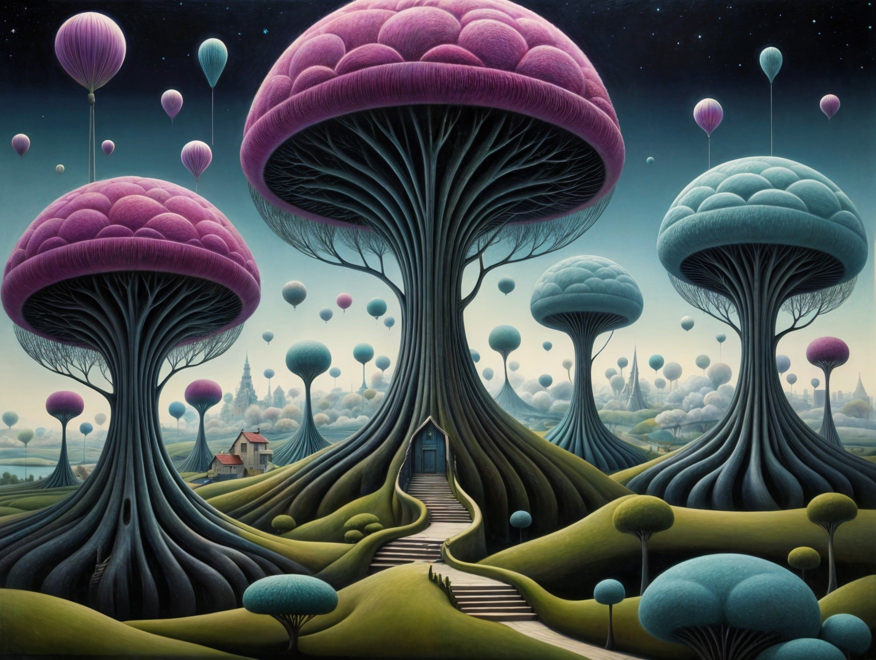 Surreal Landscape with Whimsical Trees and Balloons
