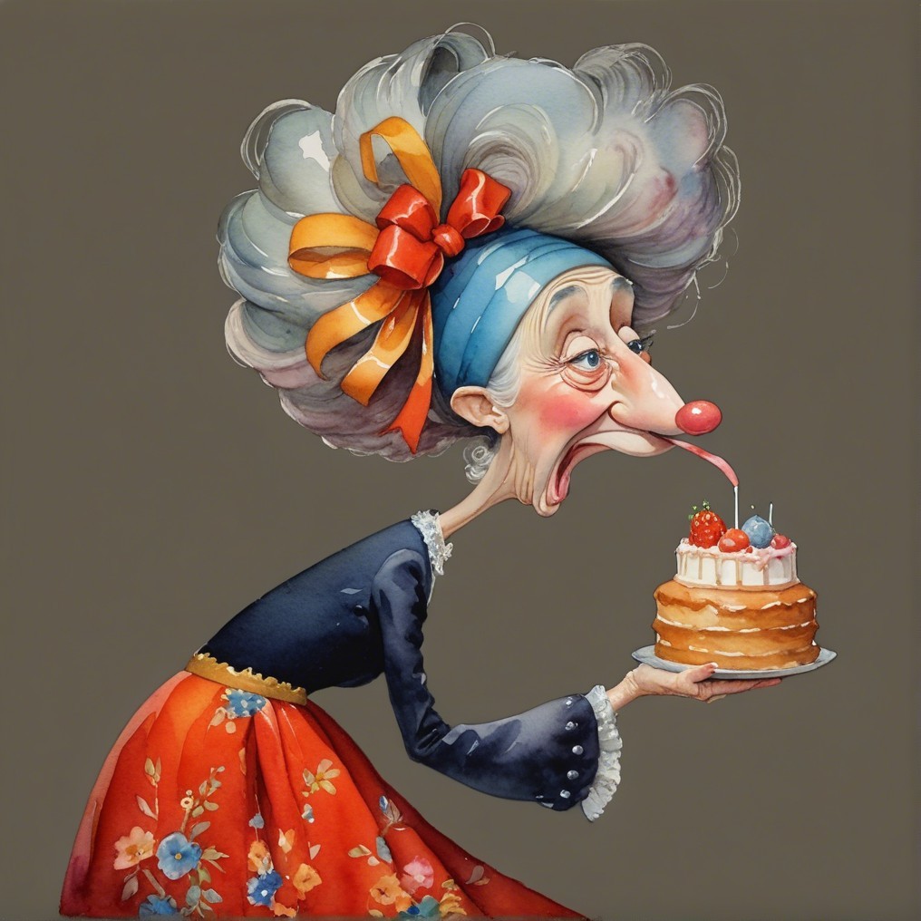 Whimsical Cartoon of an Elderly Woman with Cake