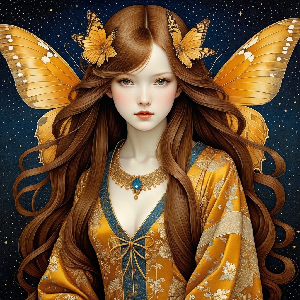 Serene Woman with Butterflies Against Starry Night