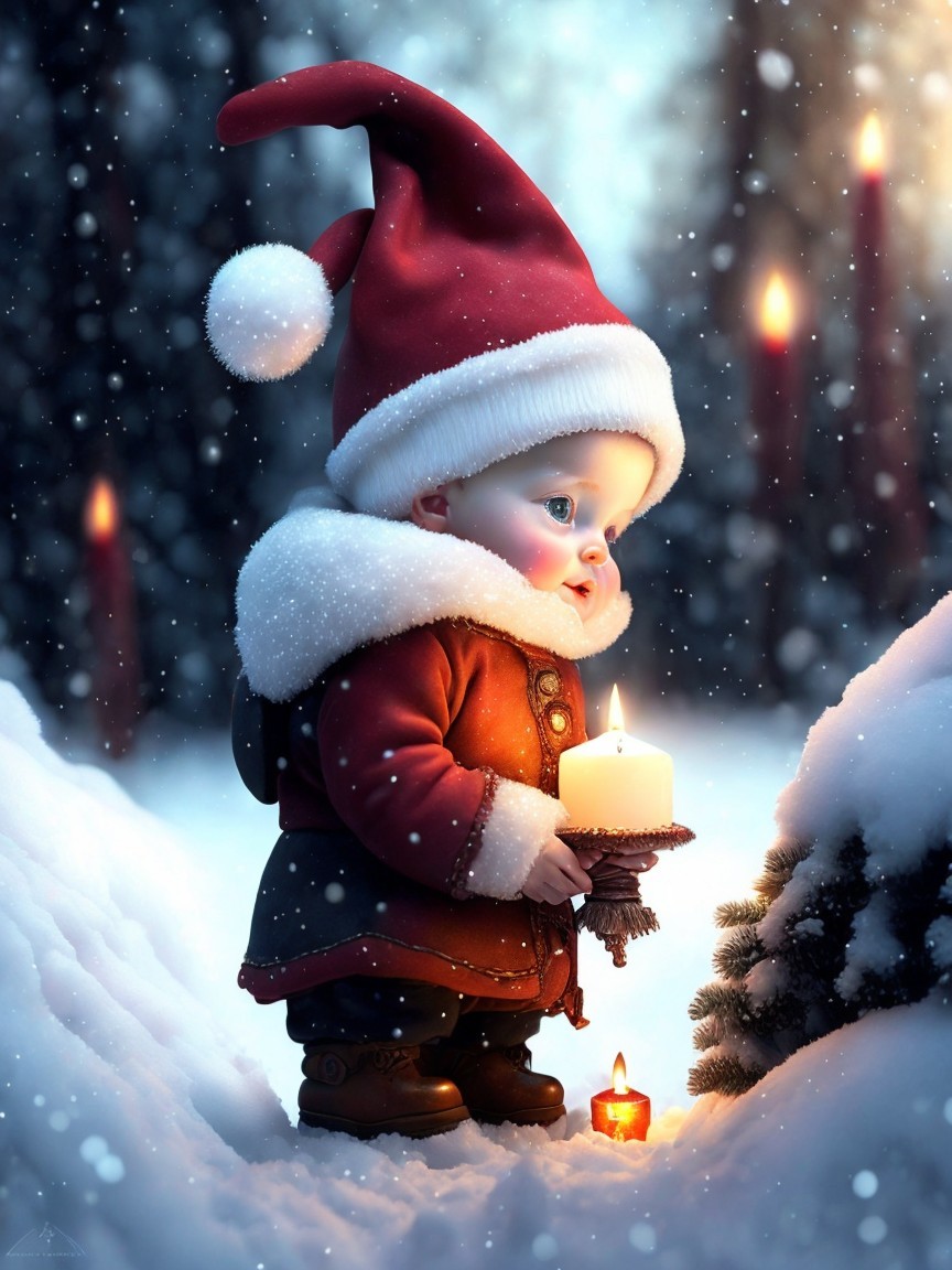 Artistic Portrait of Baby in Santa Hat in Snow