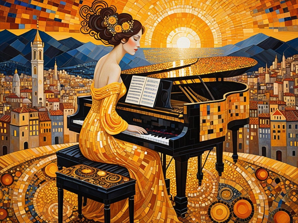 Woman in yellow gown playing piano at sunset cityscape