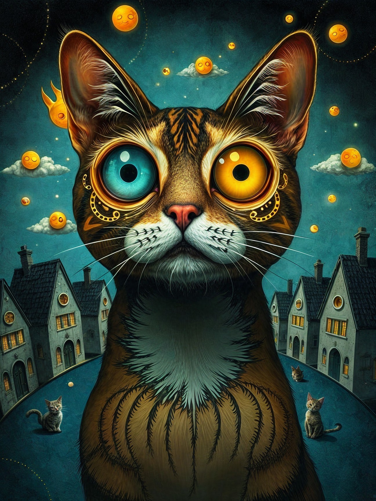 Oversized Cat in Surreal Night Sky with Playful Kittens
