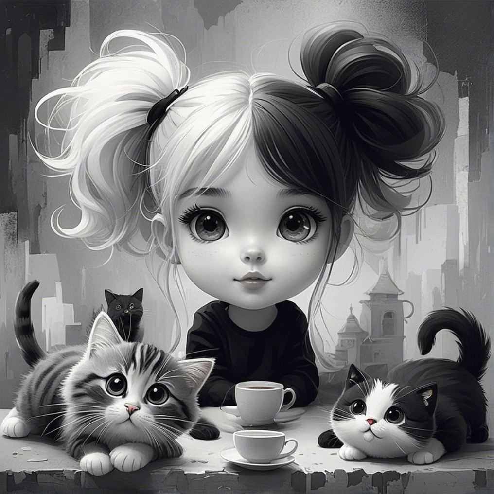 Stylized girl with two-tone hair and playful cats