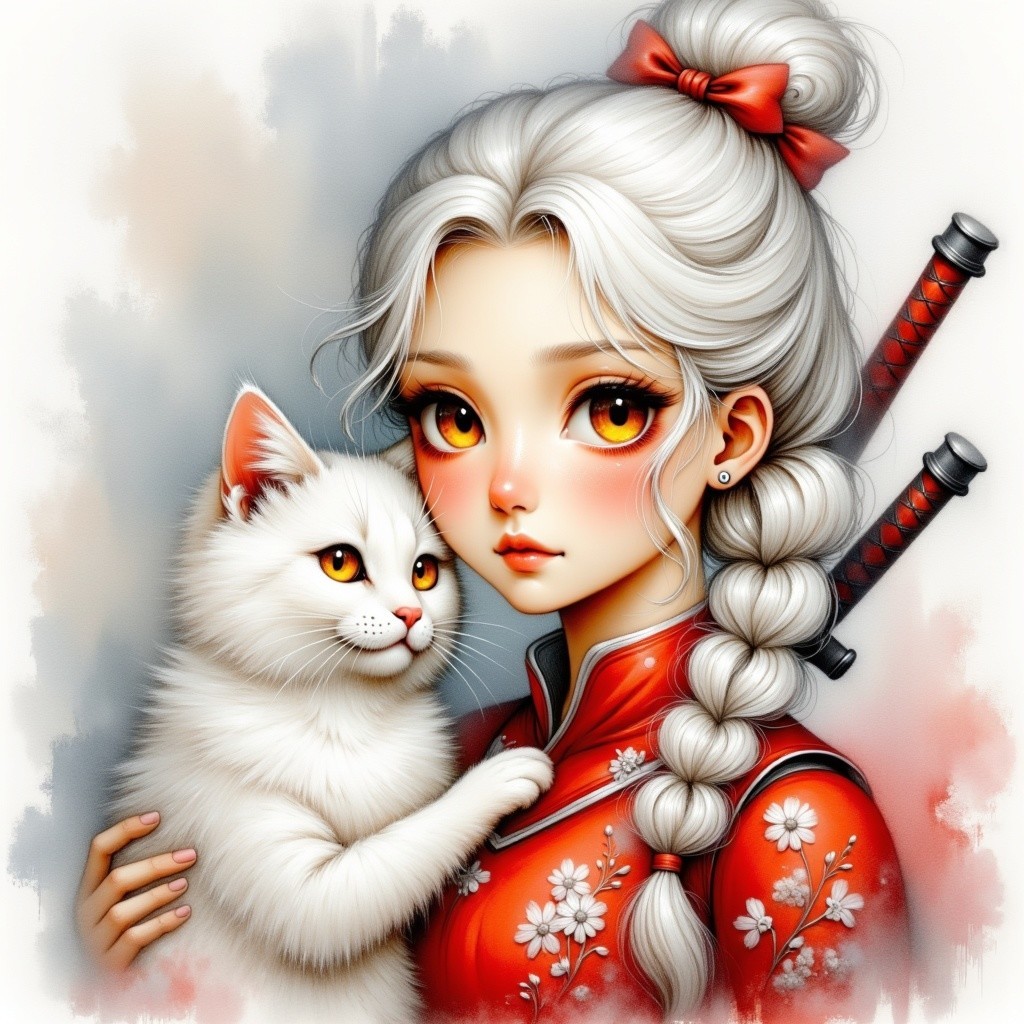 Young girl with silver hair and white cat portrait