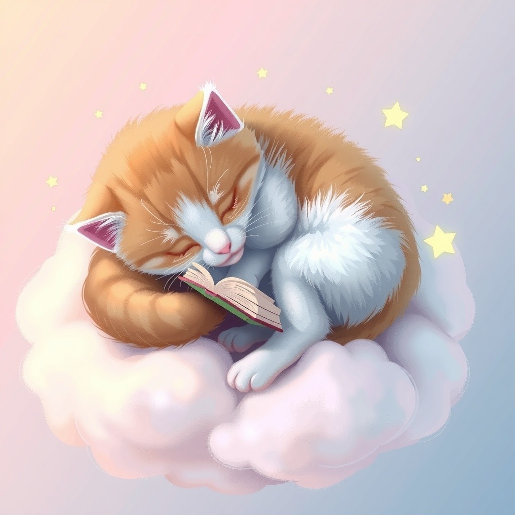 Fluffy Cat on Pastel Cloud with Stars and Book
