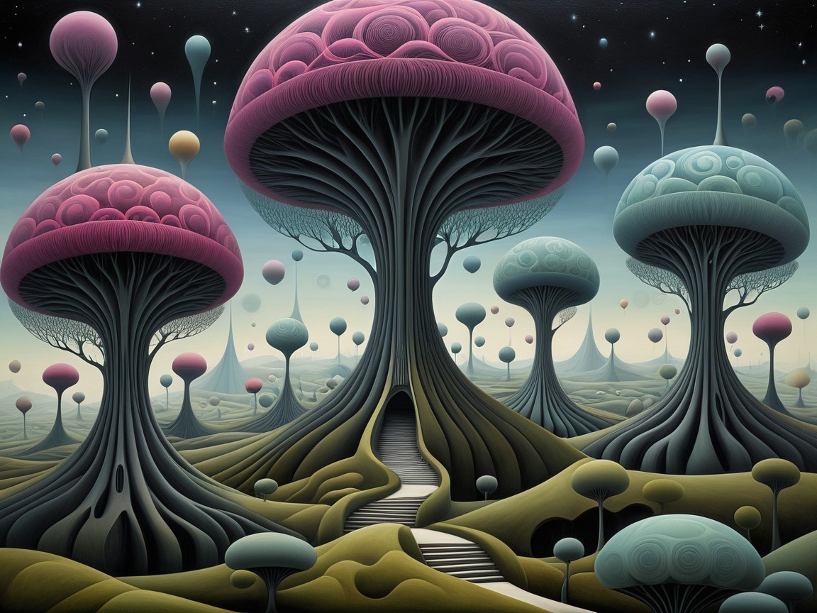Surreal Landscape with Oversized Mushroom Trees