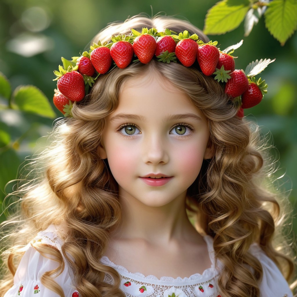 Young girl with strawberry crown in lush greenery