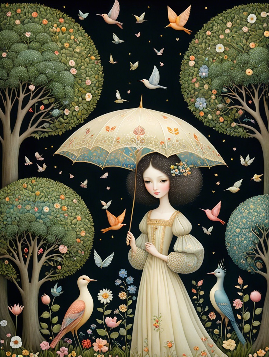 Whimsical Night Scene with Girl and Colorful Birds