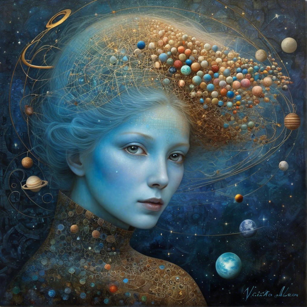 Ethereal Figure Surrounded by Cosmic Elements
