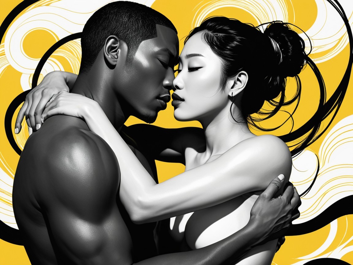 Close-Up of Couple in Intimate Embrace on Yellow Background