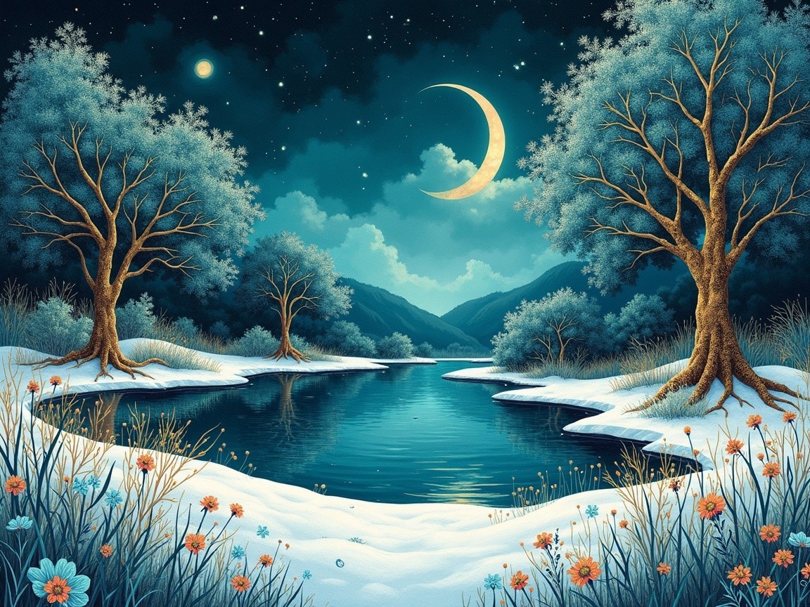 Serene Winter Landscape with River and Moonlit Sky