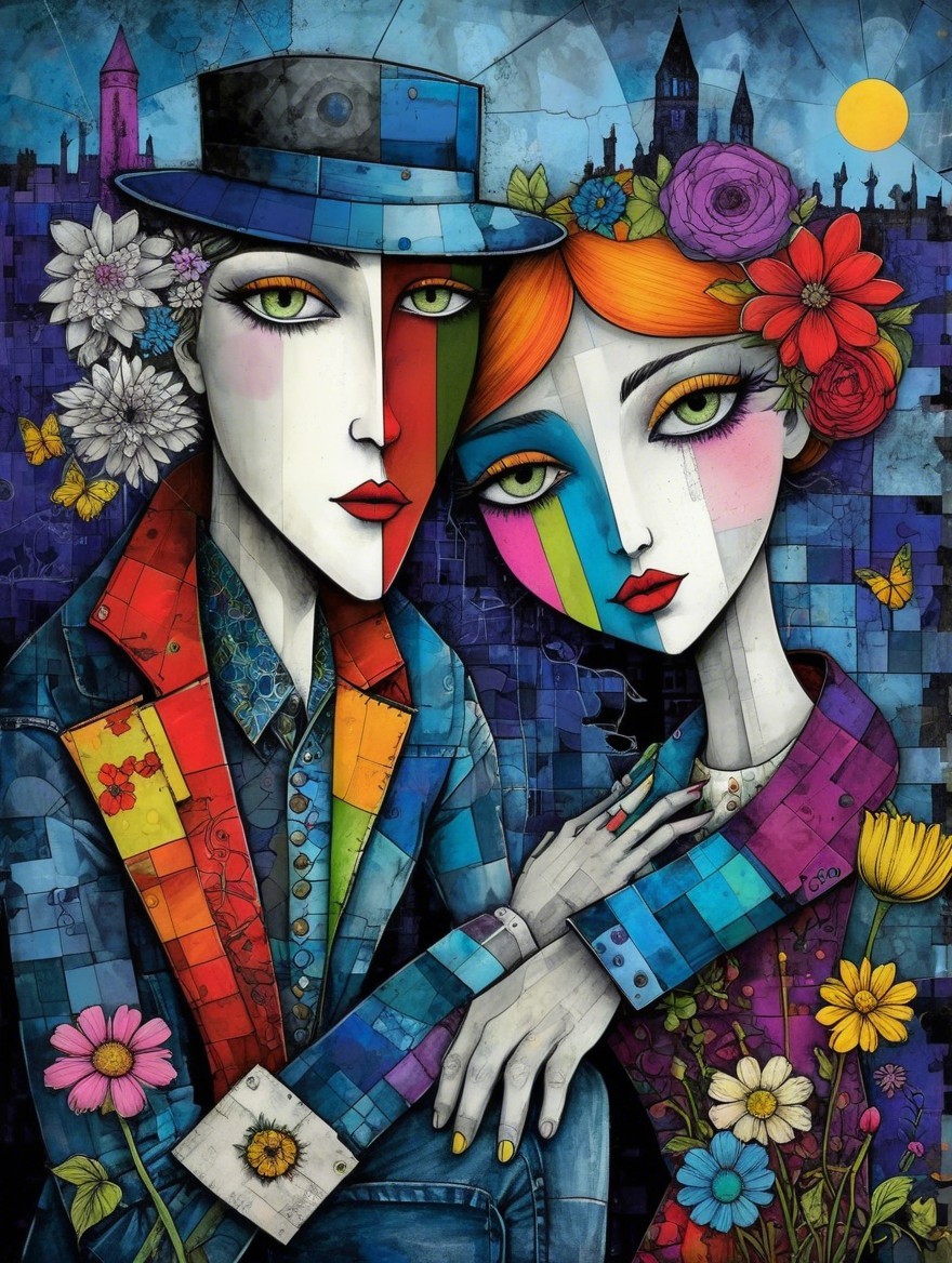 Colorful Couple Illustration with Whimsical Cityscape