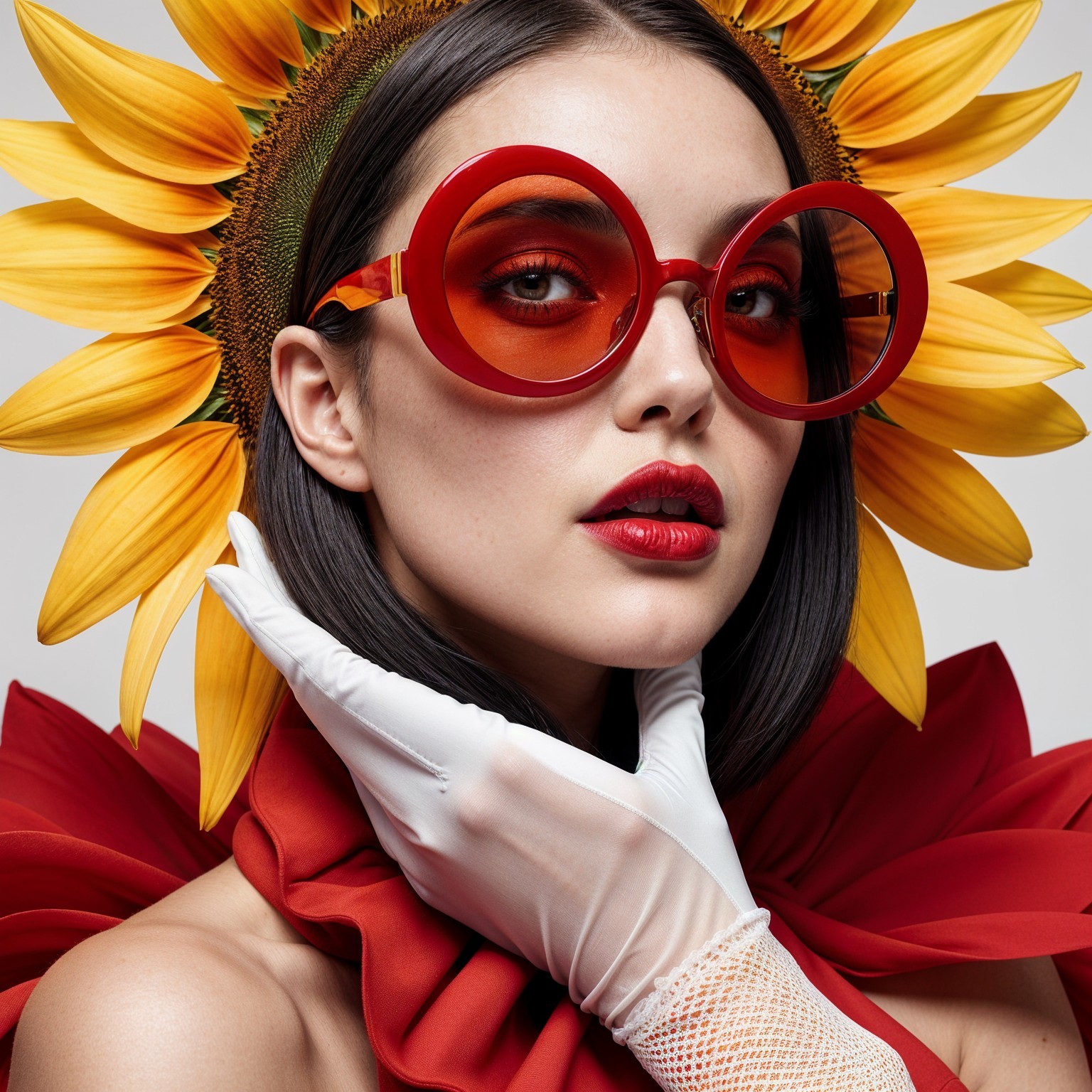 Portrait of a woman with sunflower headpiece and sunglasses