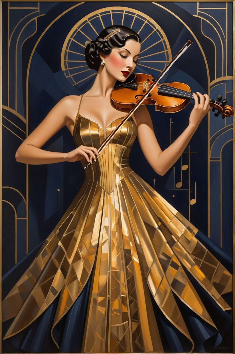 Glamorous Woman in Art-Deco Dress Playing Violin