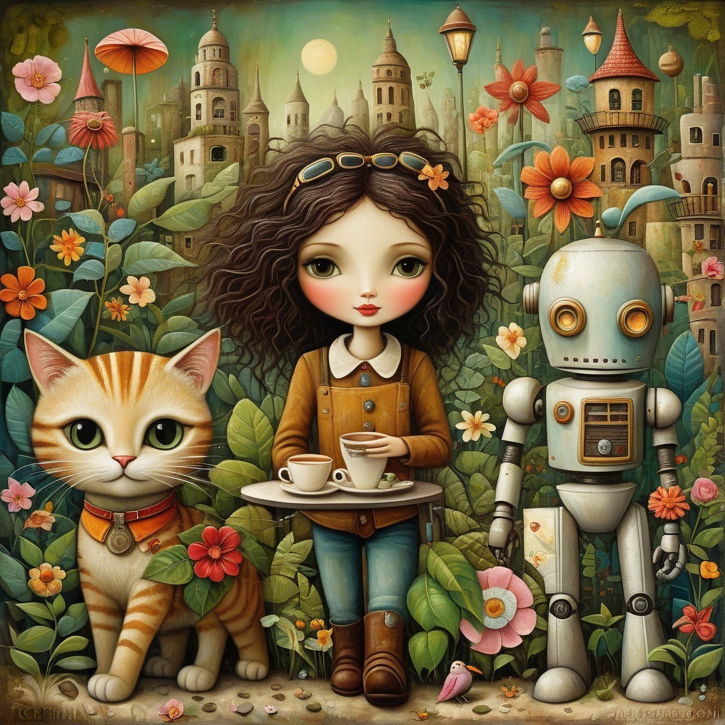 Whimsical Garden Scene with Girl, Robot, and Cat