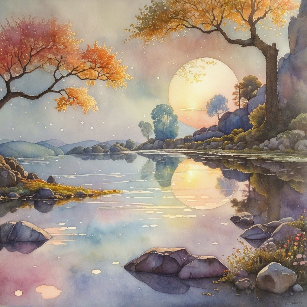 Tranquil Lake Landscape with Autumn Colors and Sunset