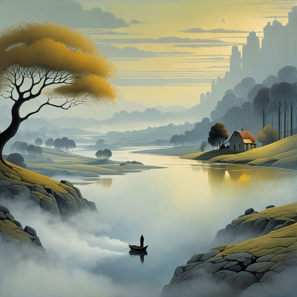Serene Landscape with River and Misty Hills