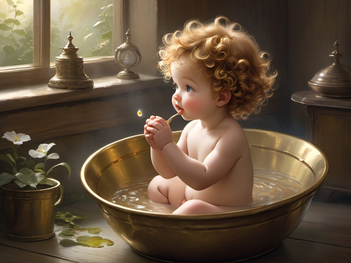 Cherubic Baby Playing in Brass Basin of Water