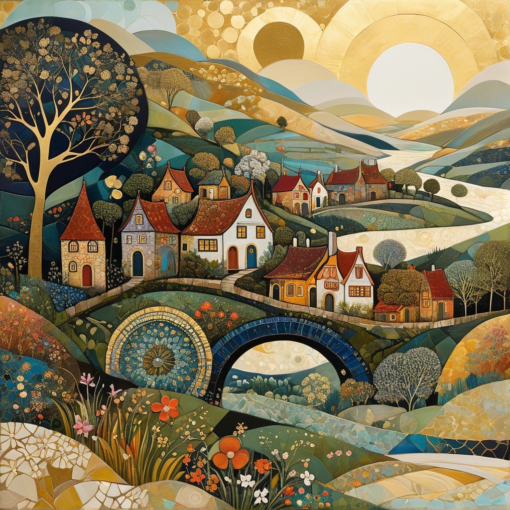 Whimsical Village Landscape with Colorful Houses