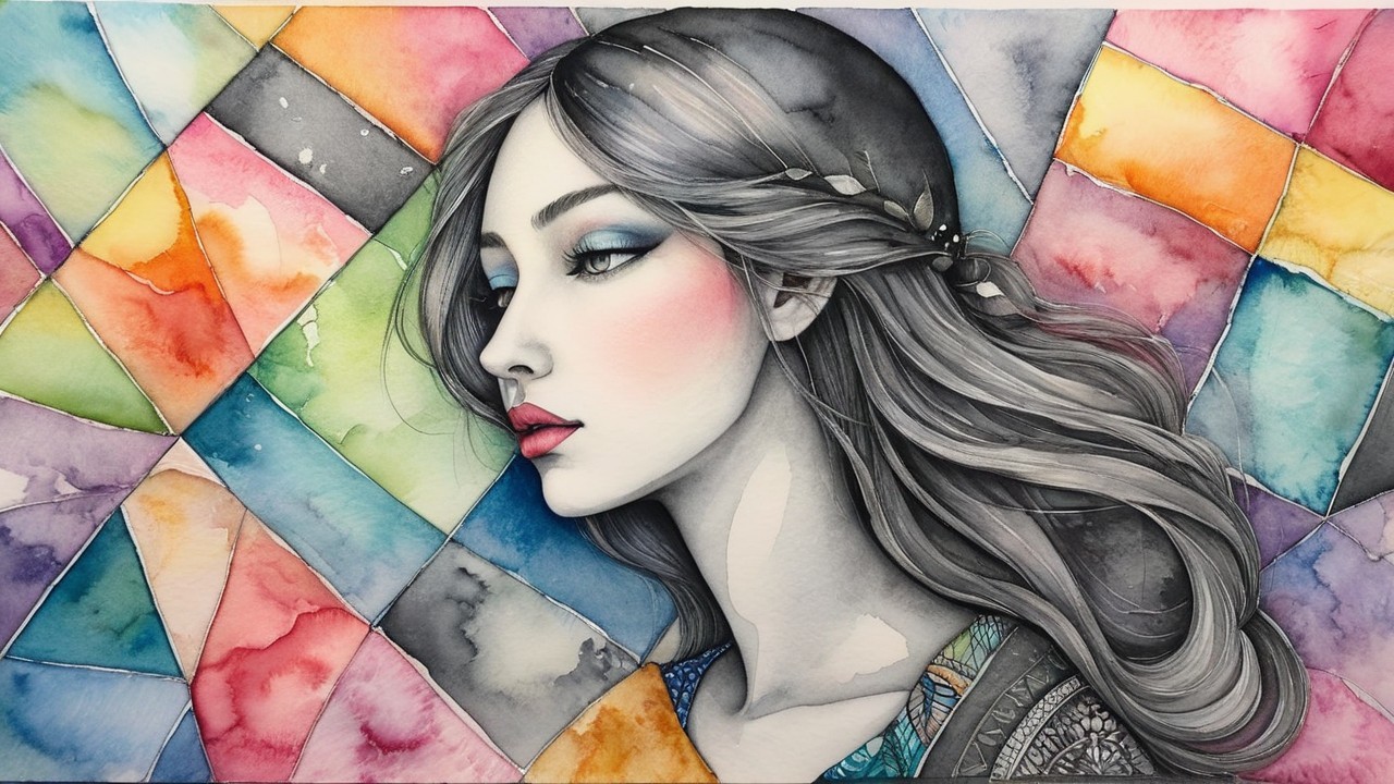Watercolor Portrait of a Young Woman with Mosaic Background