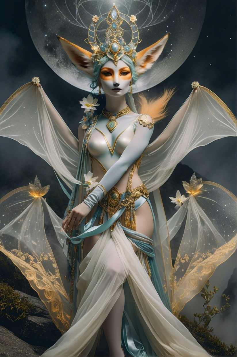 Ethereal Figure with Fox Features and Full Moon Backdrop