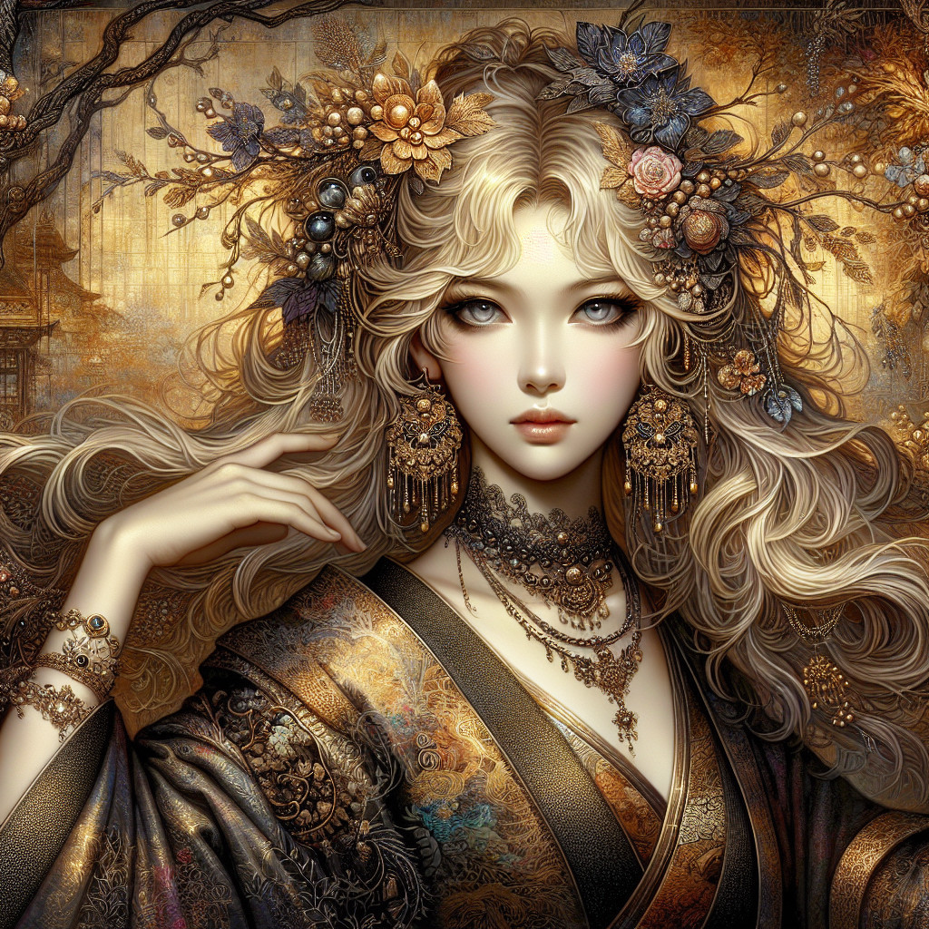 Portrait of a Woman with Golden Hair and Floral Accents
