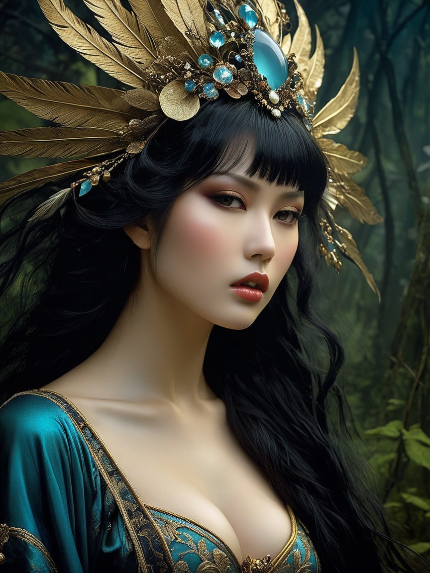 Fantasy Portrait of Woman in Teal Gown and Crown