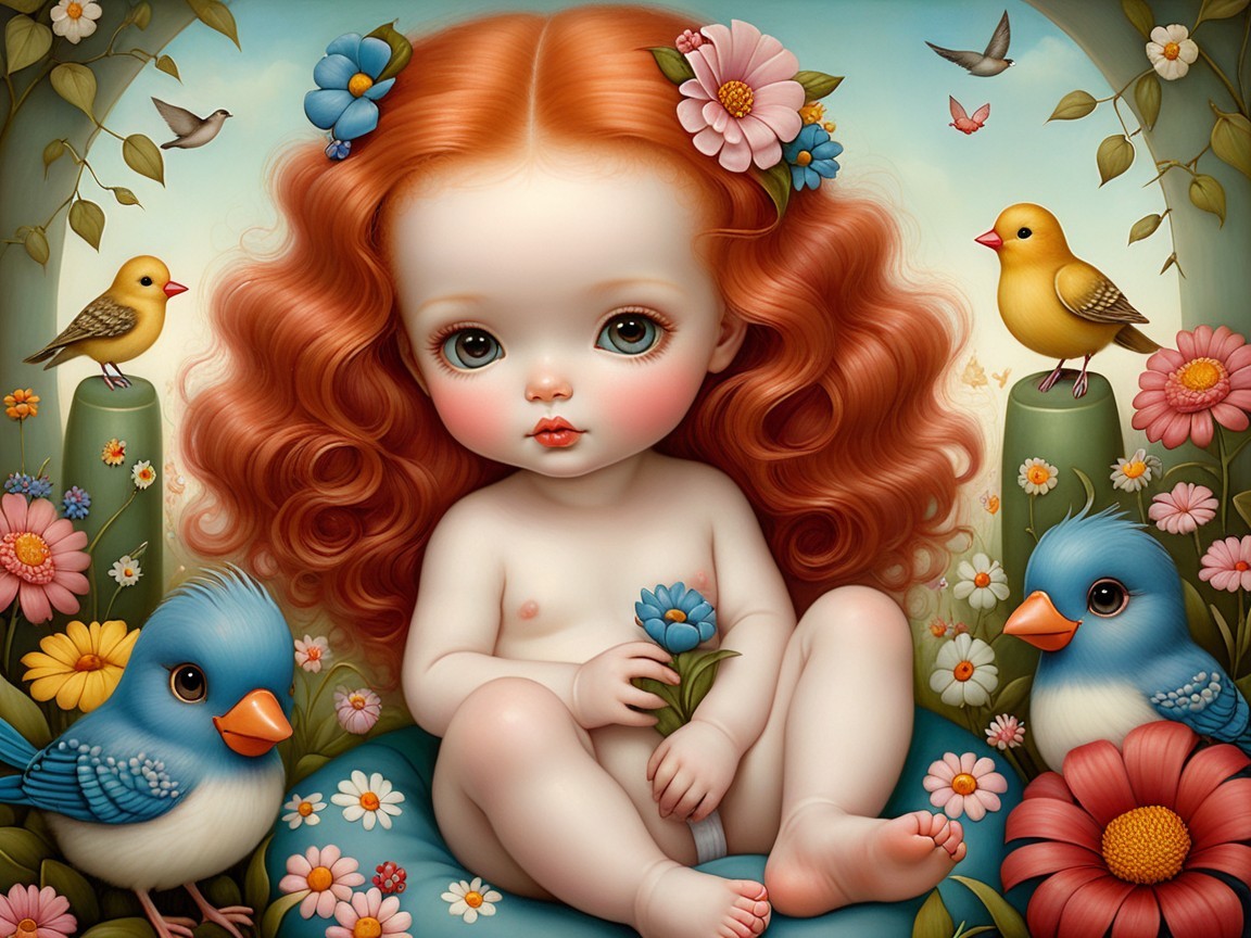 Whimsical Garden Scene with Cherubic Child and Flowers