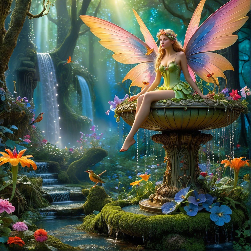 Fairy in Enchanted Forest by Decorative Fountain