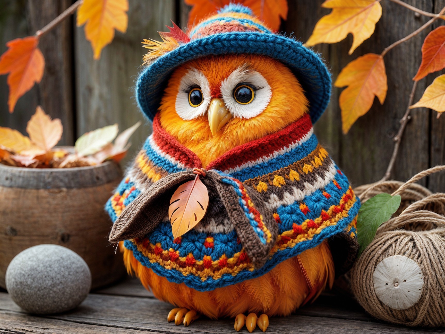 Whimsical Owl in Cozy Poncho Surrounded by Autumn Decor