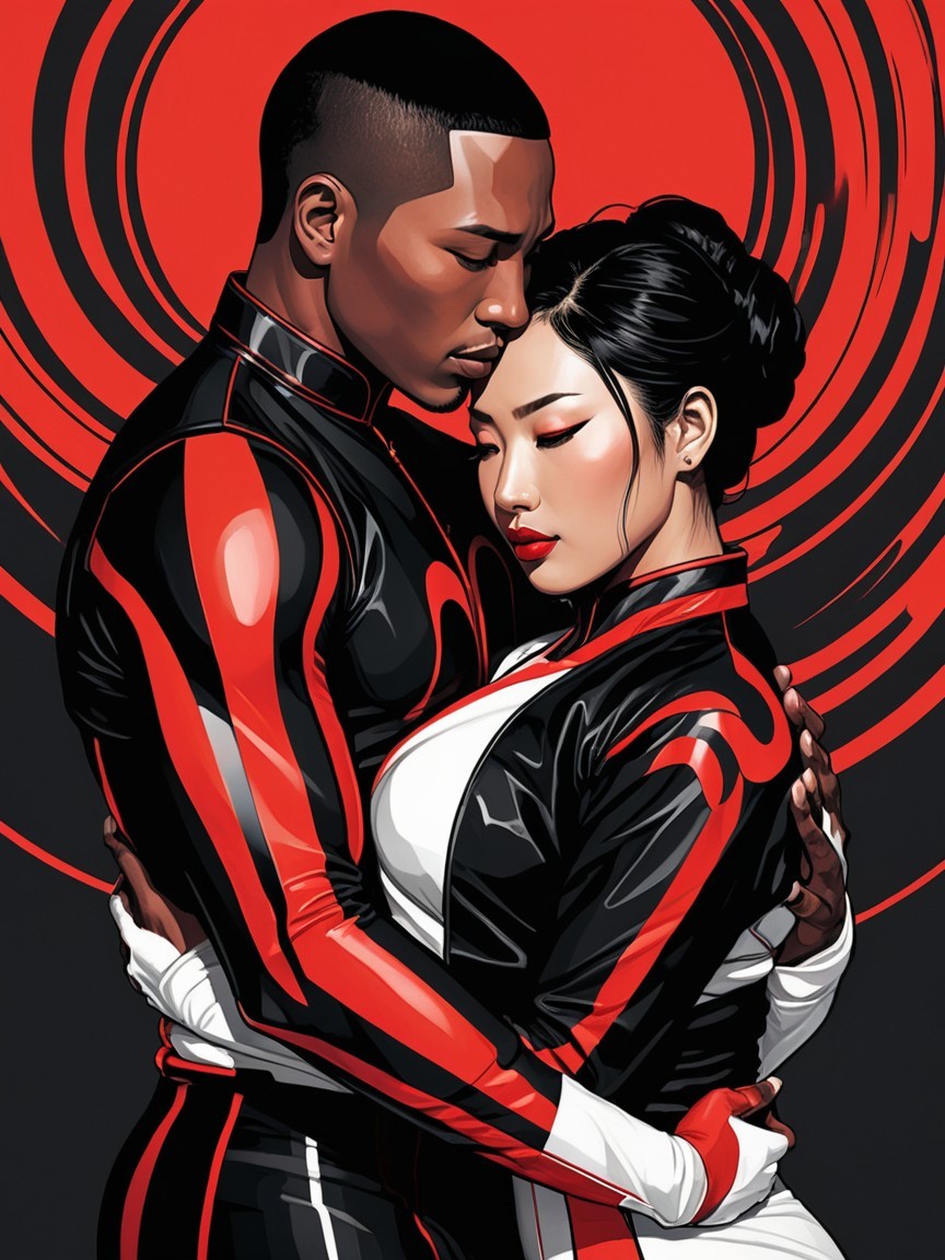 Stylized Embrace of Two Figures in Red and Black