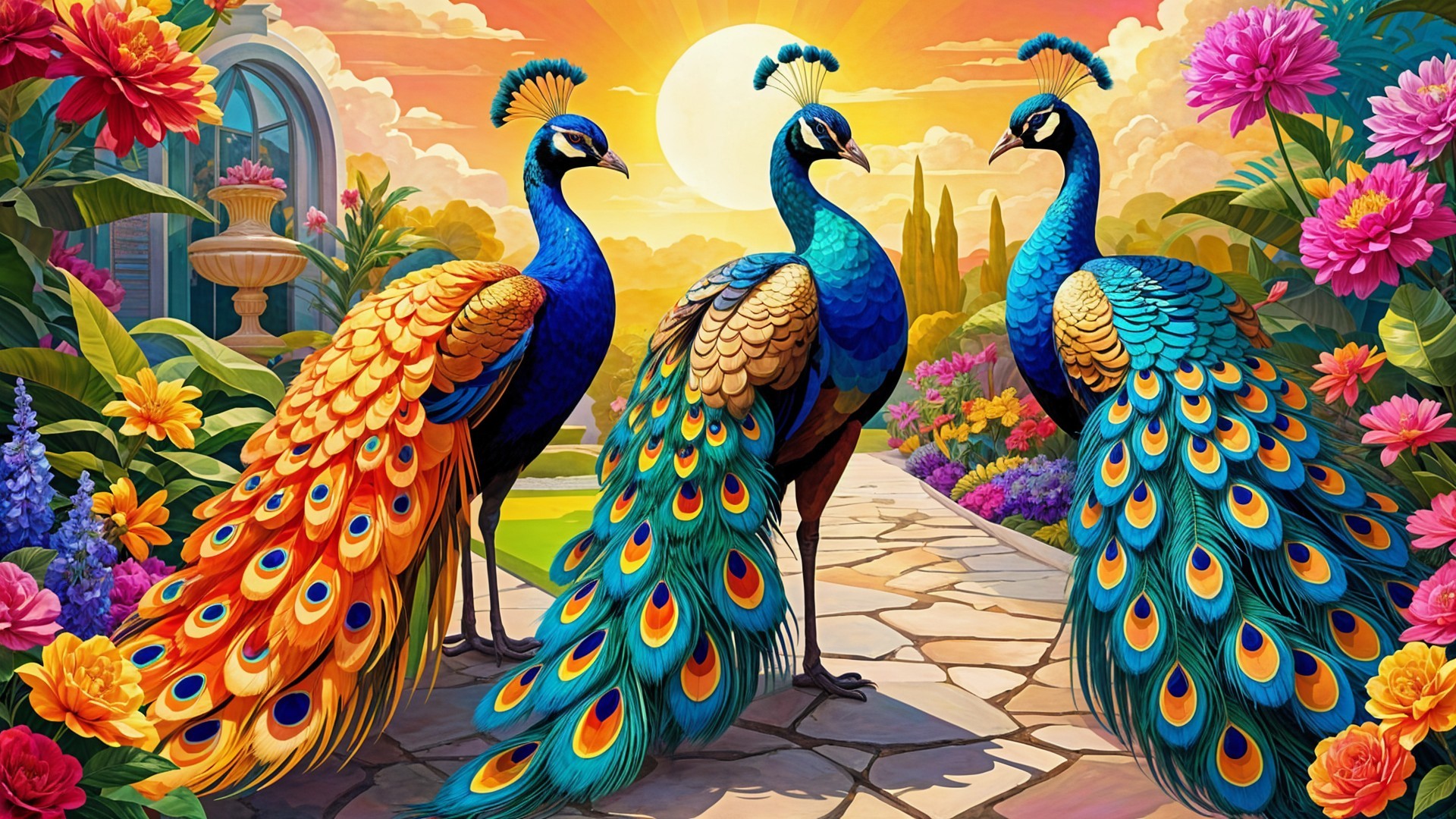 Peacocks in a Lush Garden at Sunset with Flowers