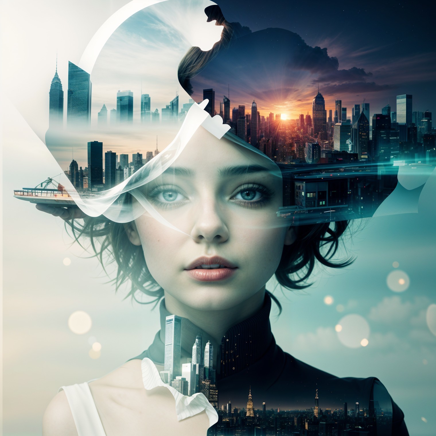 Double Exposure of Woman and City Skyline at Sunset
