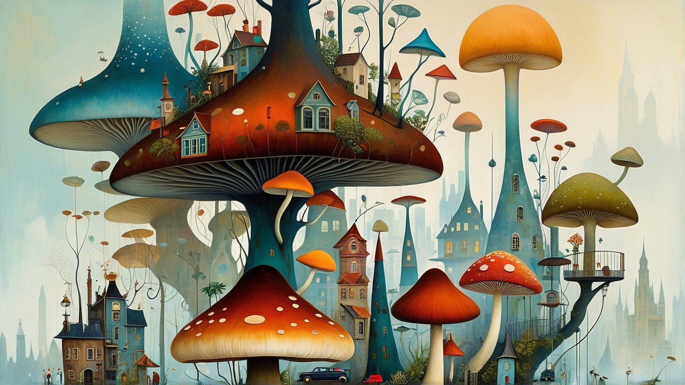 Whimsical Landscape with Towering Mushrooms and Houses