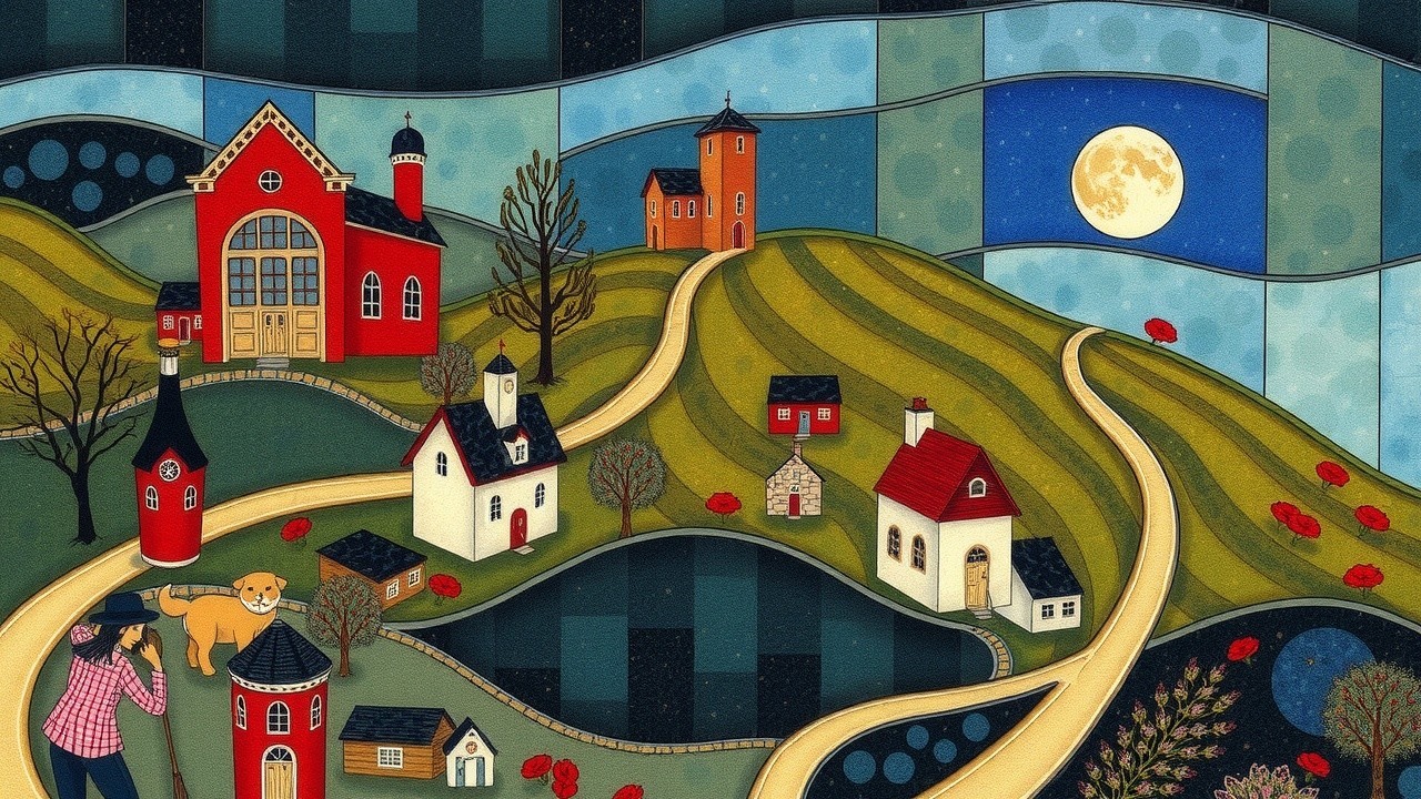 Whimsical Landscape with Rolling Hills and Moonlit Sky