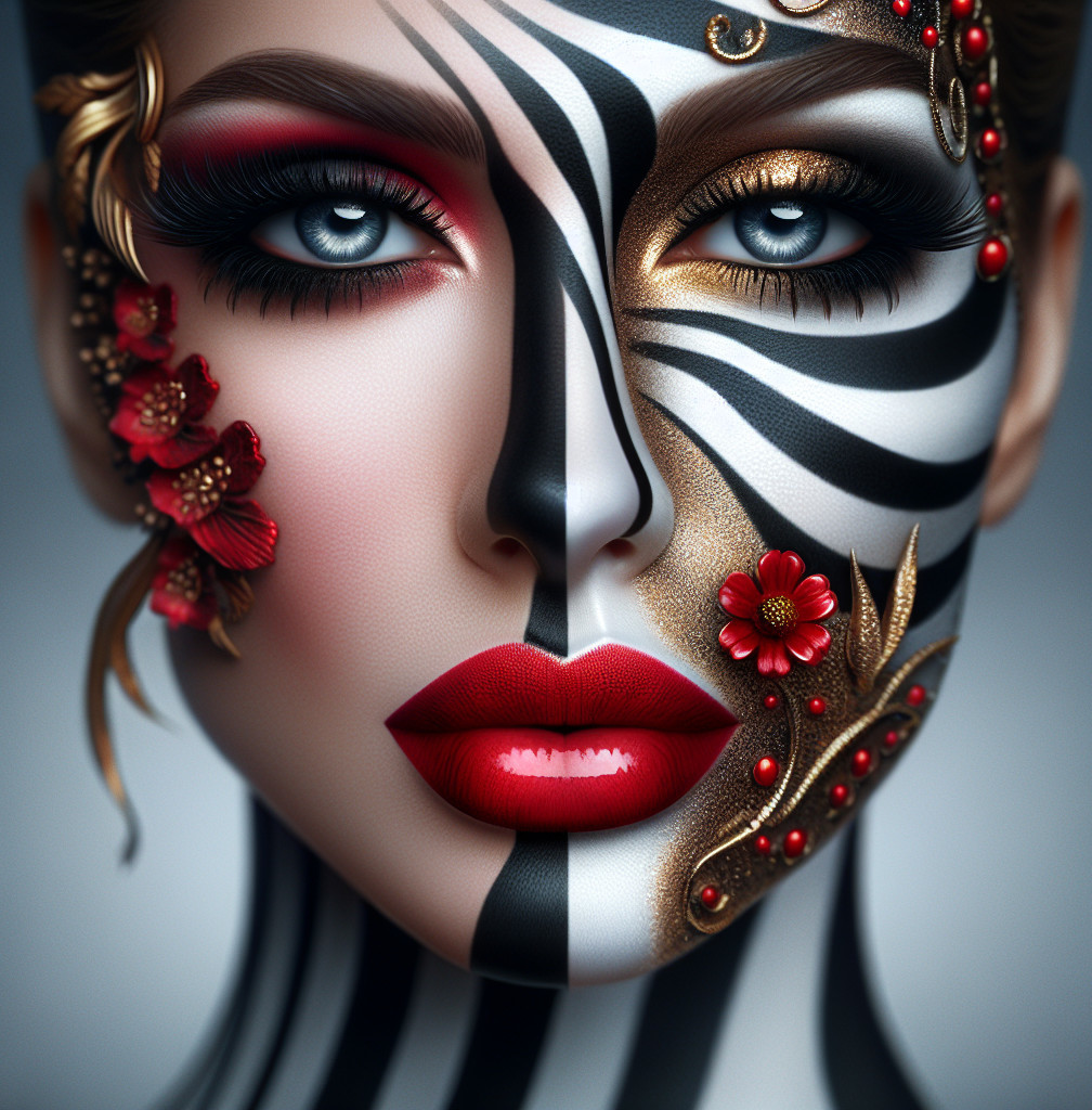 Face Art Design with Zebra Stripes and Floral Patterns
