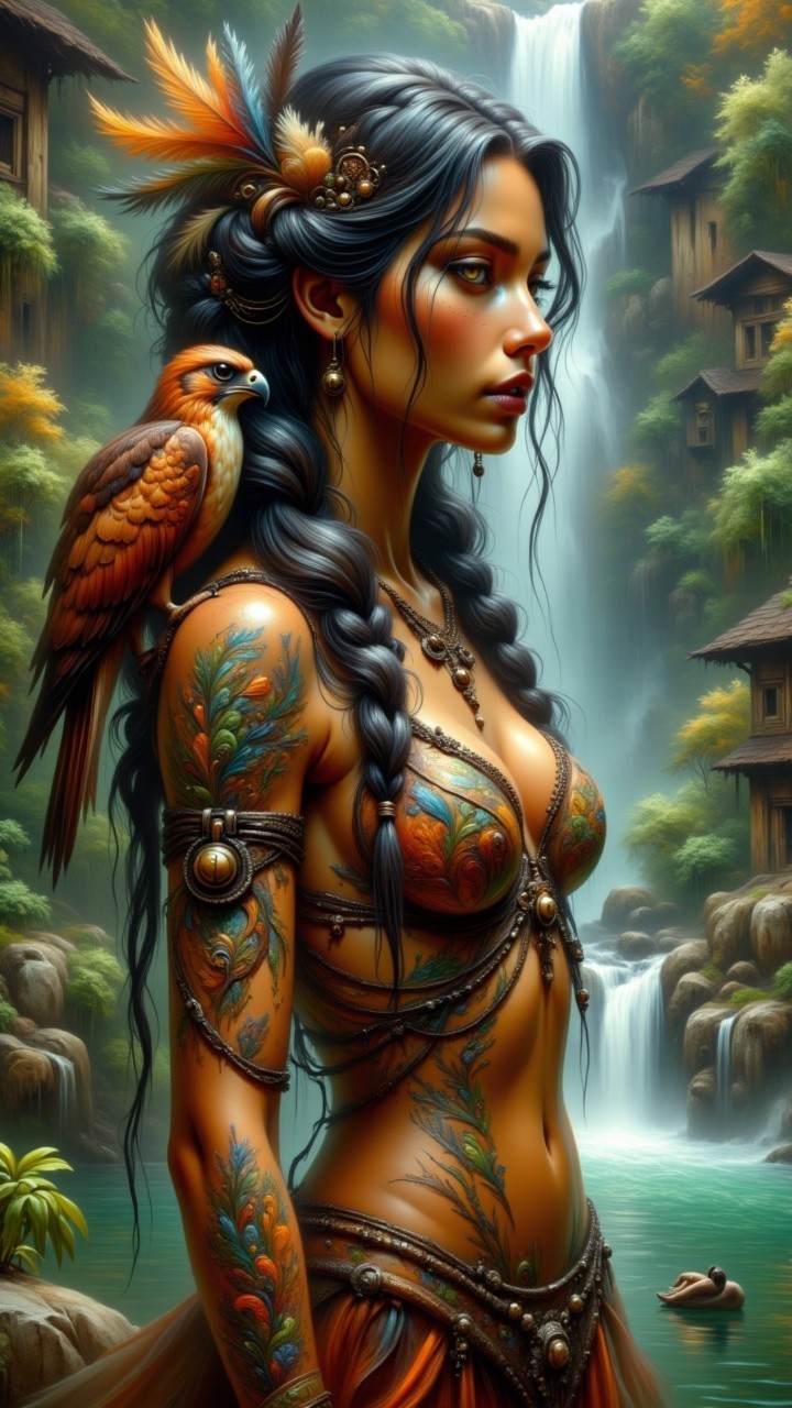 Woman with Tattoos and Parrot by a Waterfall