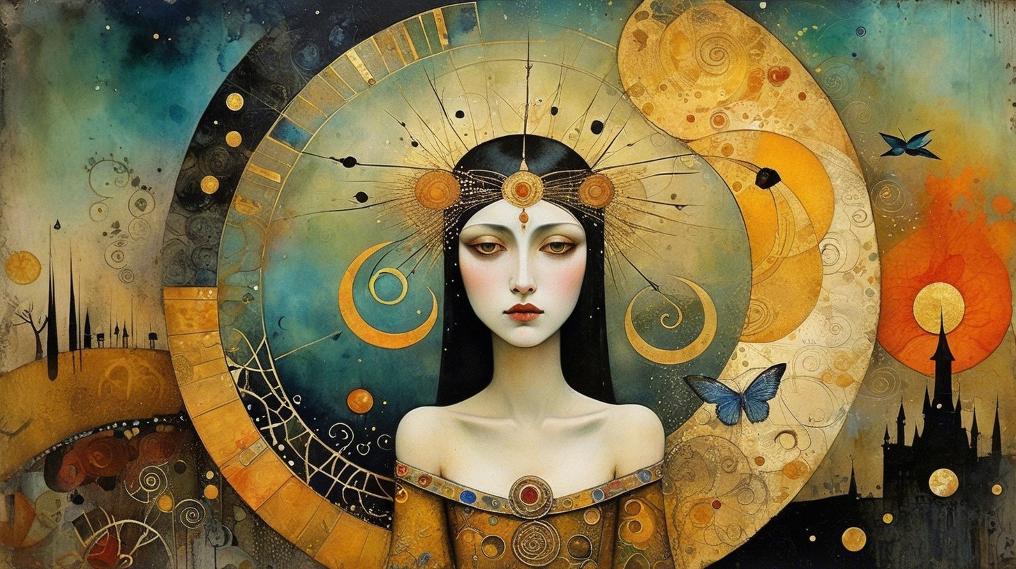 Serene Woman with Halo and Abstract Patterns