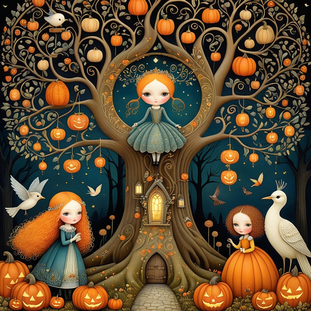 Autumn Scene with Girls, Pumpkins, and Twisting Tree