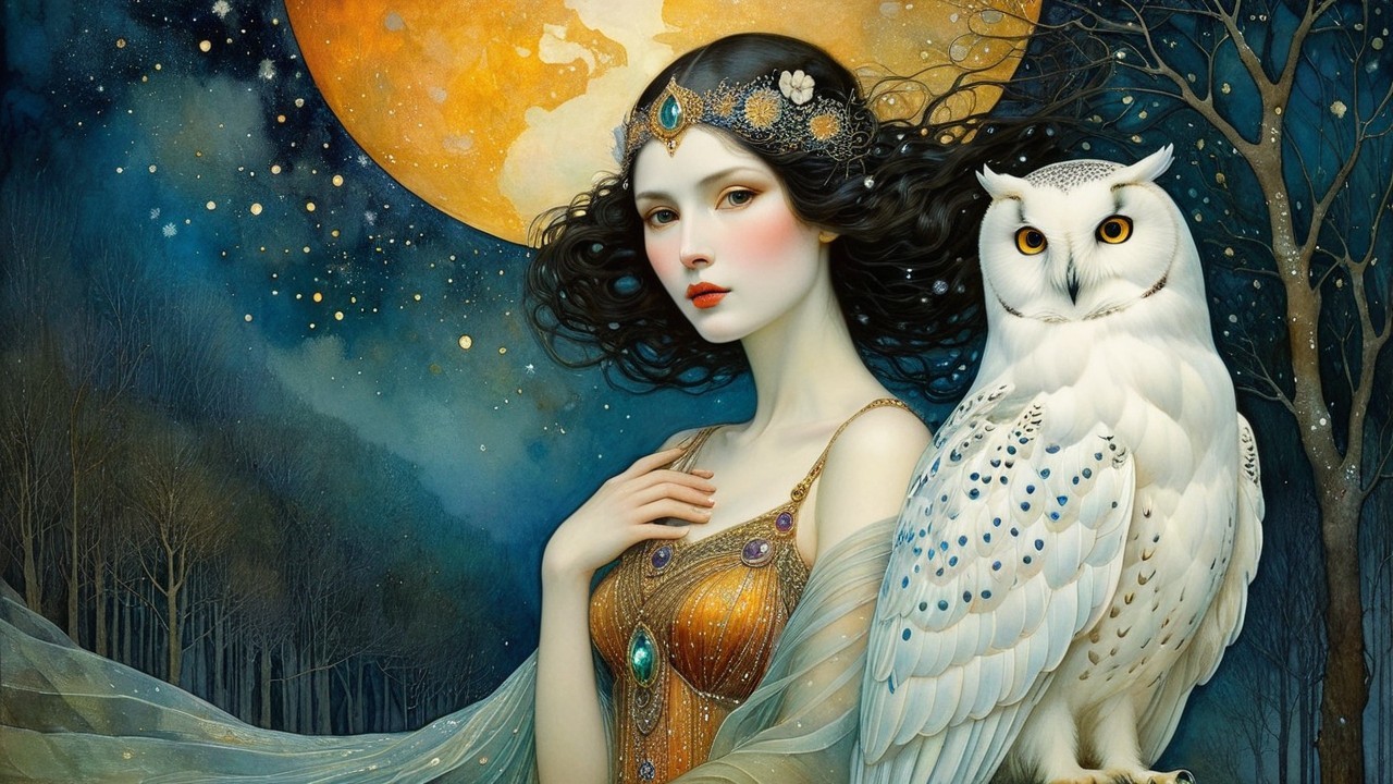 Mystical woman in golden dress under full moon