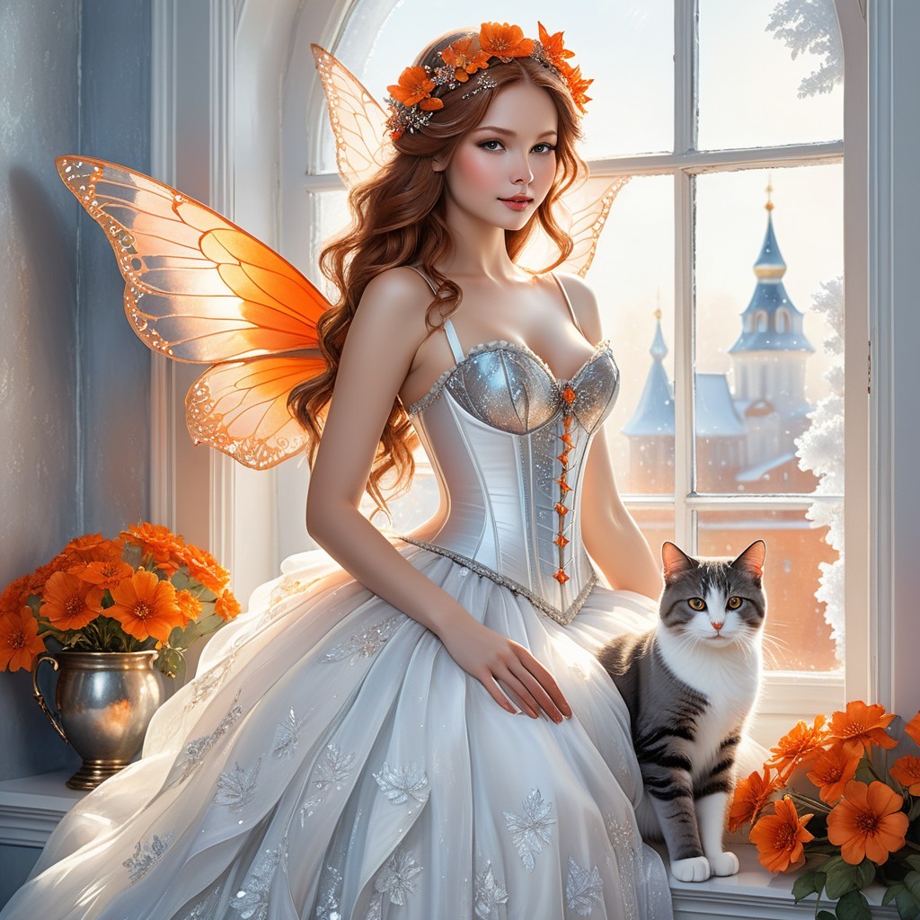 Fairy with Butterfly Wings in Sunlit Flower Room