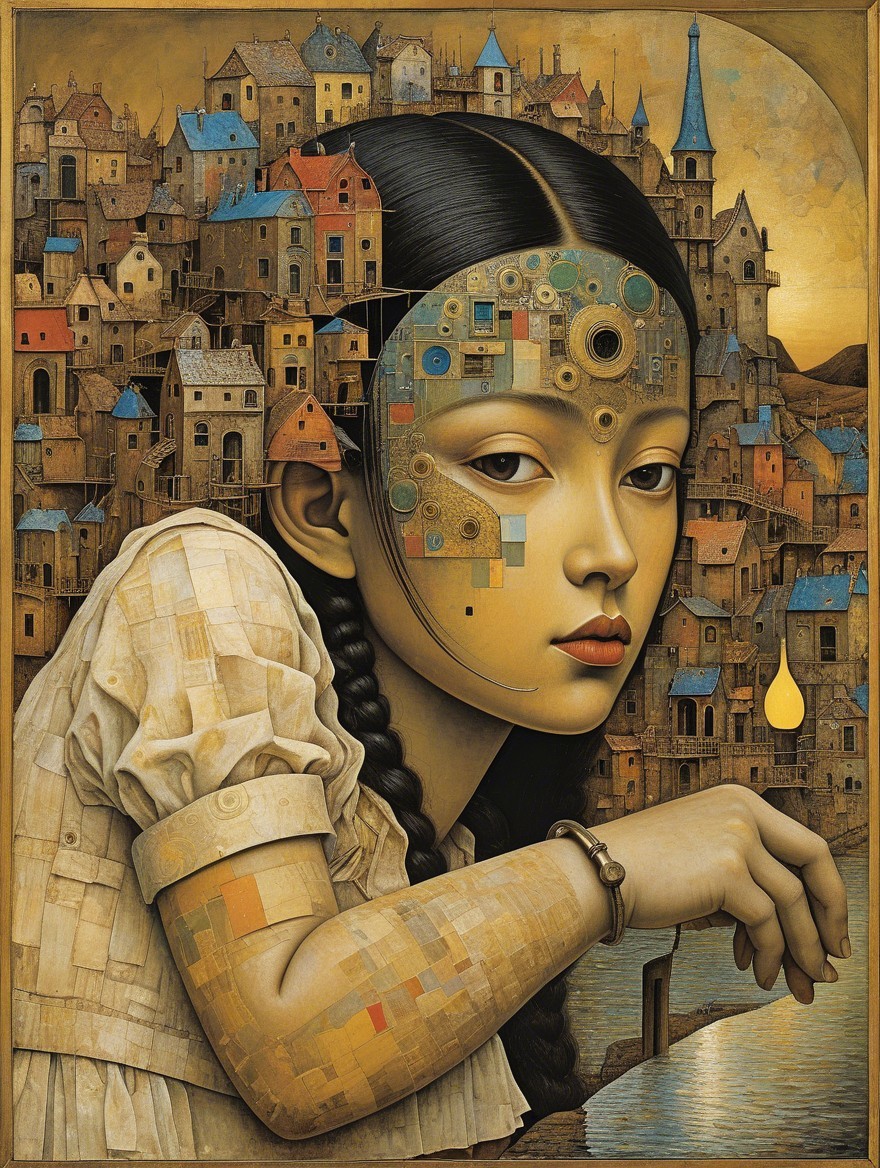 Young girl with braided hair in a whimsical landscape