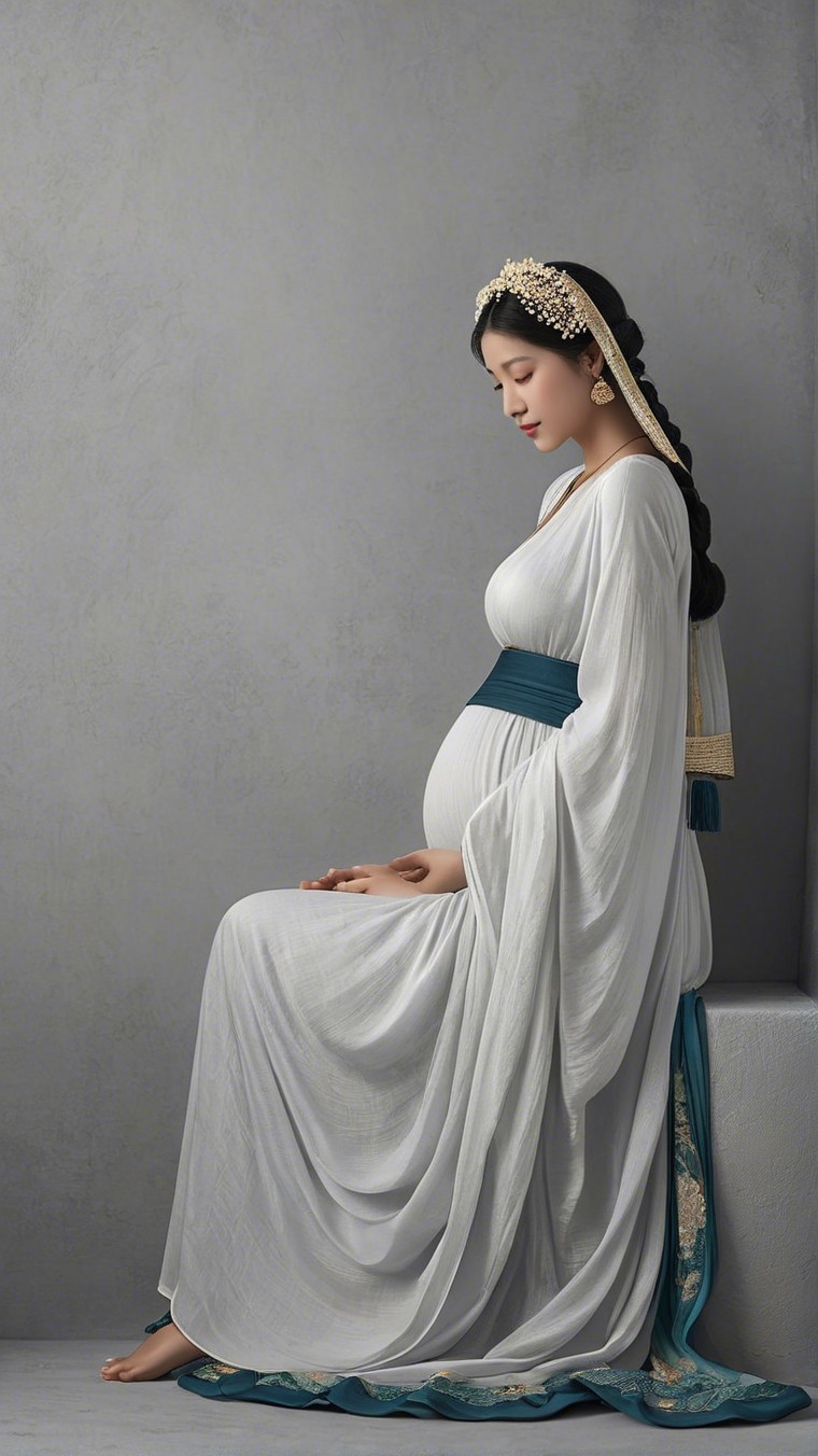 Pregnant Woman in Elegant White Gown with Teal Sash