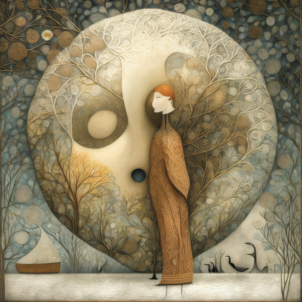 Whimsical Landscape with Figure and Nature Patterns
