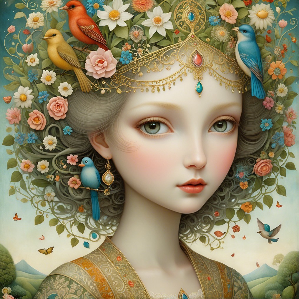 Serene Woman with Floral Hair and Pastel Background
