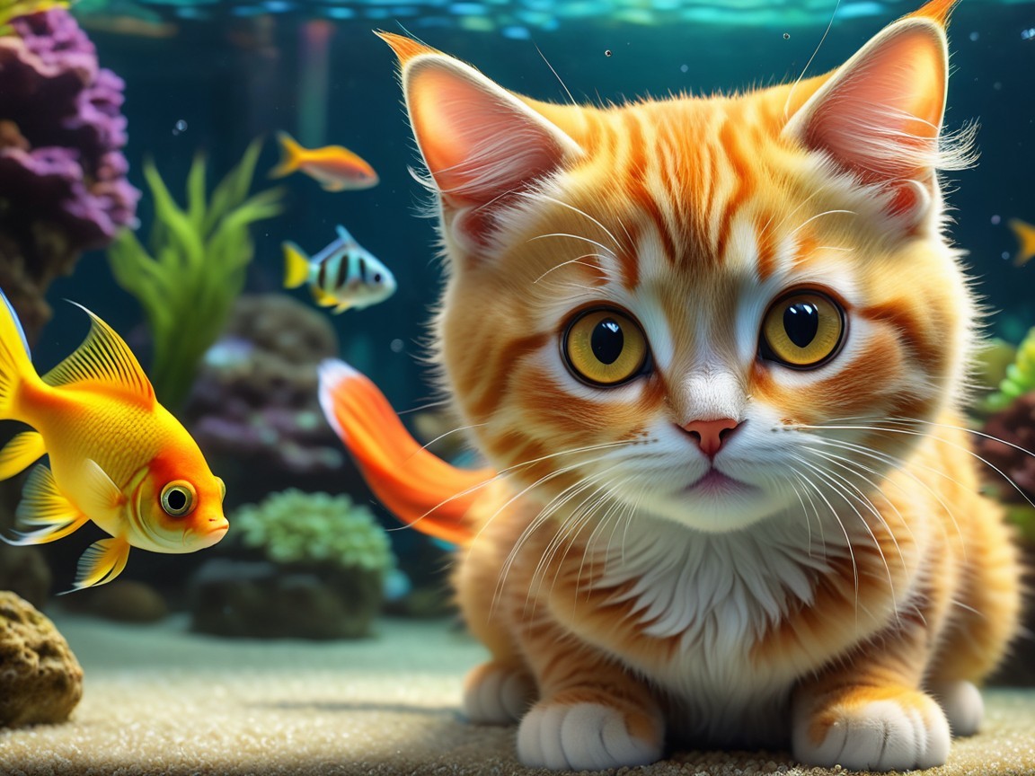 Playful Orange Tabby Kitten Observing Colorful Fish