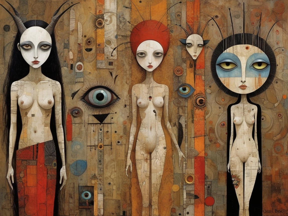 Stylized Figures Against Abstract Textured Background