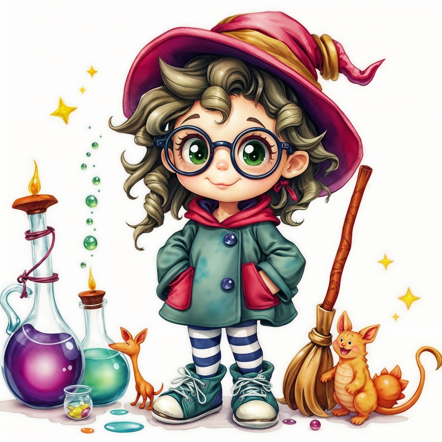 Whimsical Character with Potions and Magical Elements