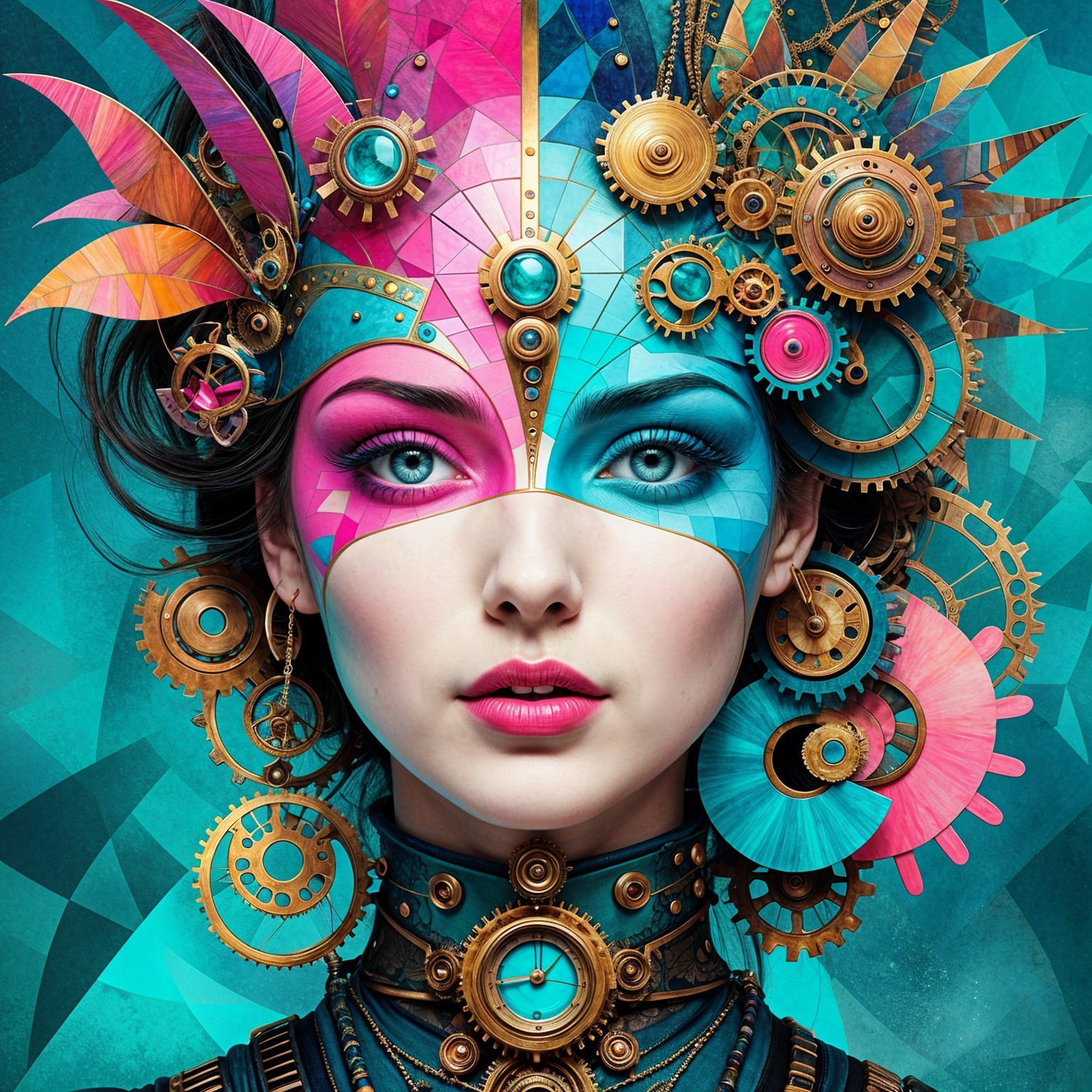 Portrait of a woman with geometric face paint and headpiece
