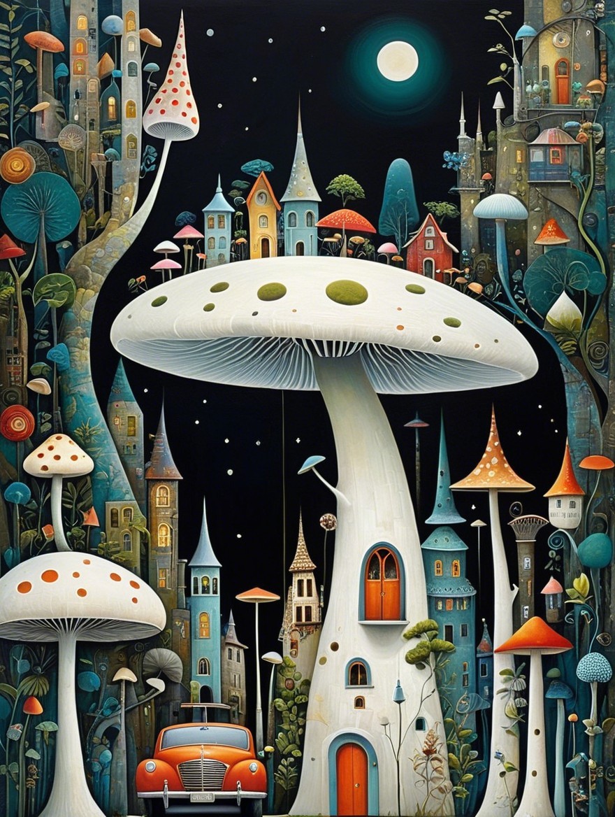 Whimsical Cityscape with Oversized Mushrooms and Moon